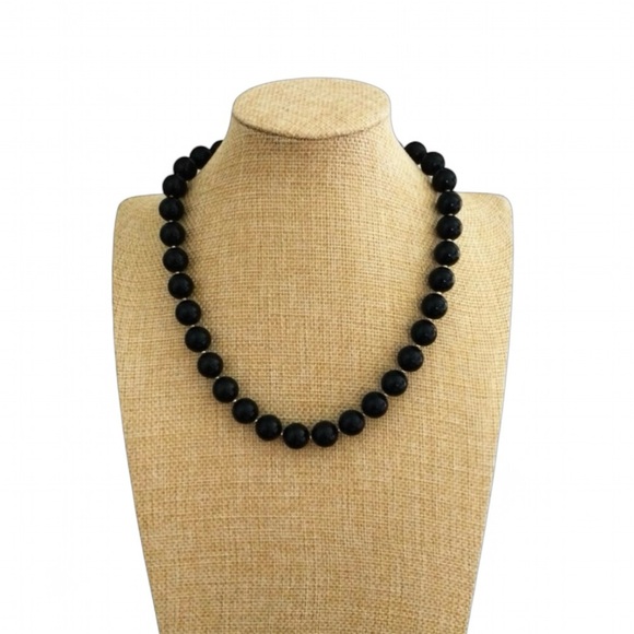 Vtg Black Lucite Beaded Necklace Gold Spacers, Hidden Clasp, 16.5" Collar Length - Picture 3 of 10